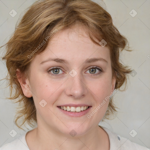 Joyful white young-adult female with medium  brown hair and blue eyes