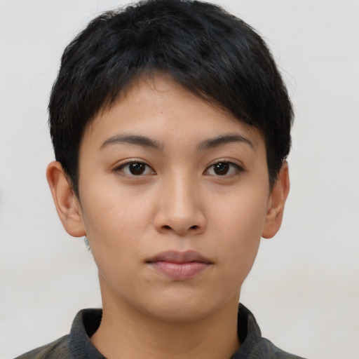 Neutral asian young-adult female with short  black hair and brown eyes