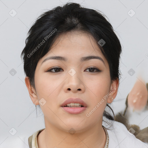 Neutral asian young-adult female with medium  brown hair and brown eyes