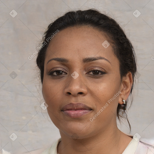 Neutral white adult female with medium  brown hair and brown eyes