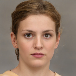 Neutral white young-adult female with short  brown hair and brown eyes