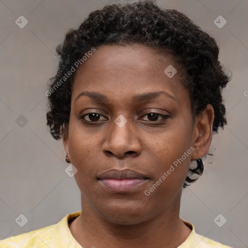 Neutral black young-adult female with short  brown hair and brown eyes