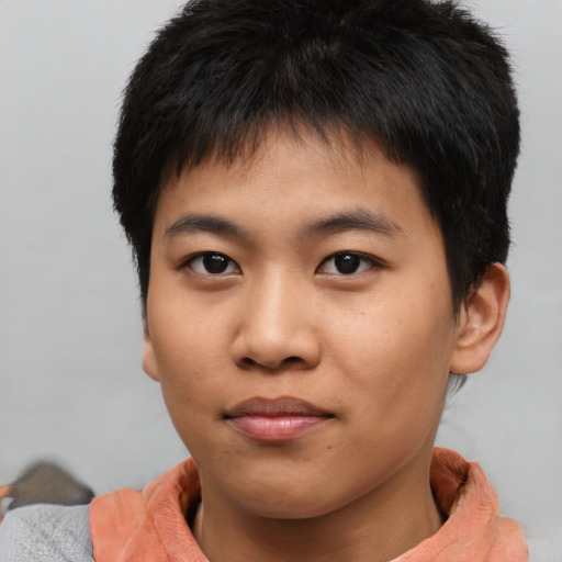 Neutral asian young-adult male with short  brown hair and brown eyes