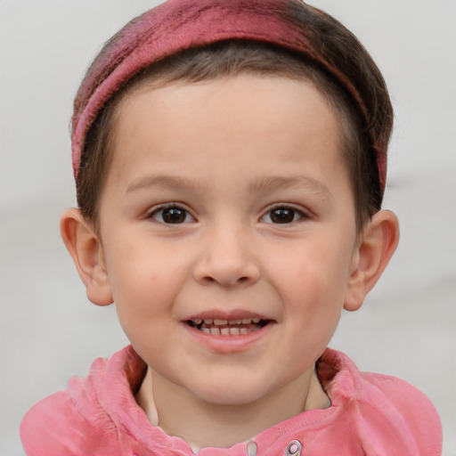 Joyful white child female with short  brown hair and brown eyes