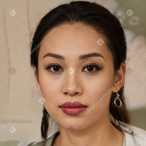 Neutral white young-adult female with medium  brown hair and brown eyes