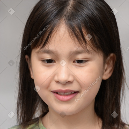 Joyful white child female with medium  brown hair and brown eyes