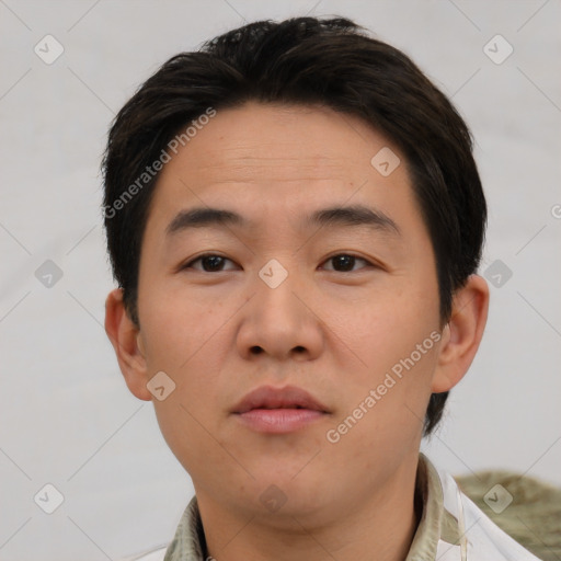 Neutral asian young-adult male with short  black hair and brown eyes