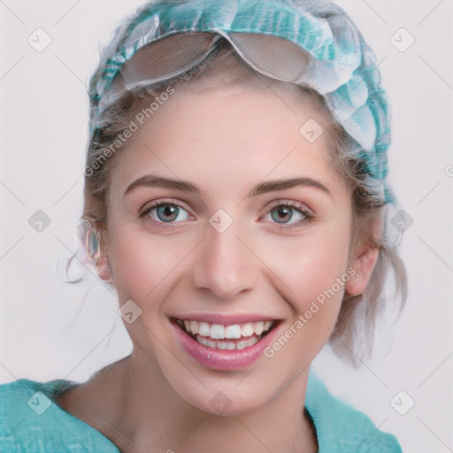 Joyful white young-adult female with medium  brown hair and blue eyes