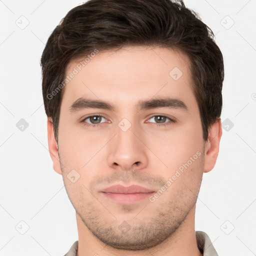 Neutral white young-adult male with short  brown hair and brown eyes