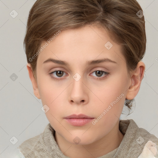 Neutral white young-adult female with short  brown hair and grey eyes