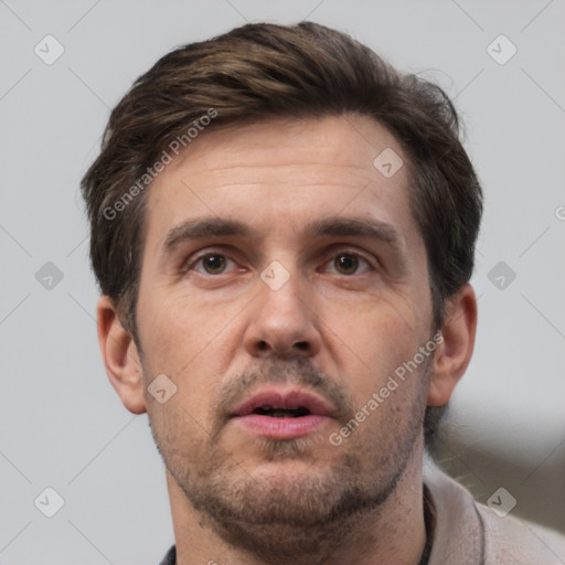 Neutral white adult male with short  brown hair and brown eyes