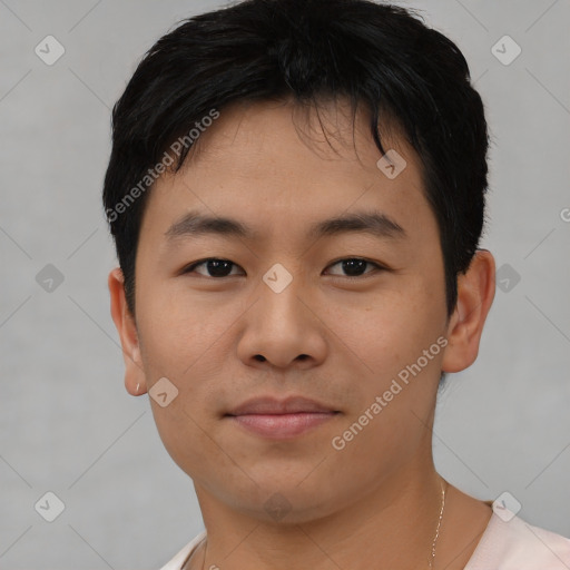 Neutral asian young-adult male with short  brown hair and brown eyes