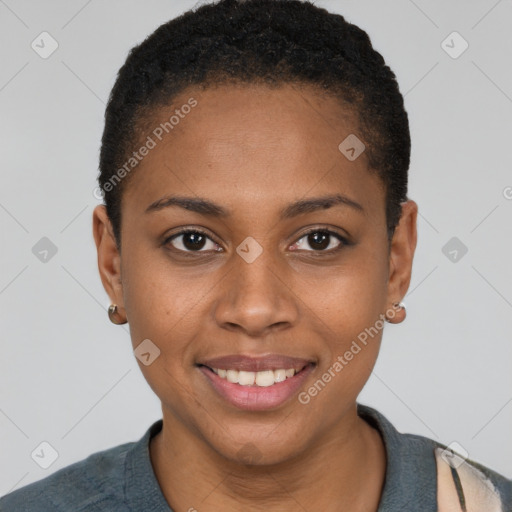 Joyful black young-adult female with short  black hair and brown eyes