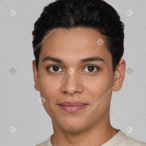 Joyful latino young-adult female with short  black hair and brown eyes