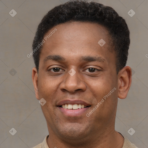 Joyful latino young-adult male with short  brown hair and brown eyes