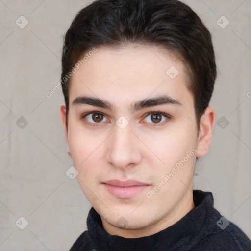 Neutral white young-adult male with short  brown hair and brown eyes