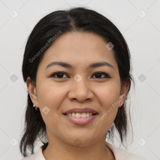 Joyful asian young-adult female with medium  brown hair and brown eyes