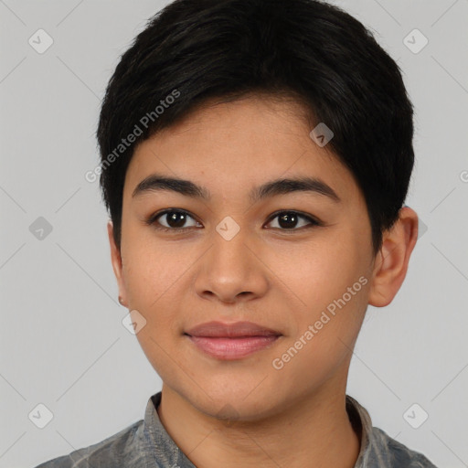 Joyful asian young-adult female with short  black hair and brown eyes