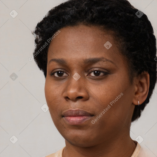 Neutral black young-adult female with short  black hair and brown eyes