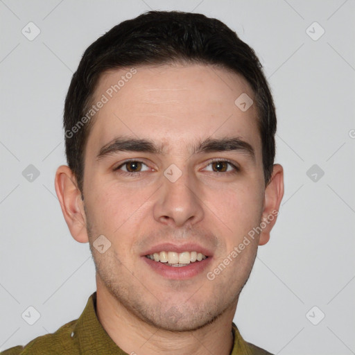 Joyful white young-adult male with short  brown hair and brown eyes