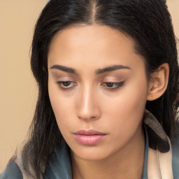 Neutral asian young-adult female with long  brown hair and brown eyes