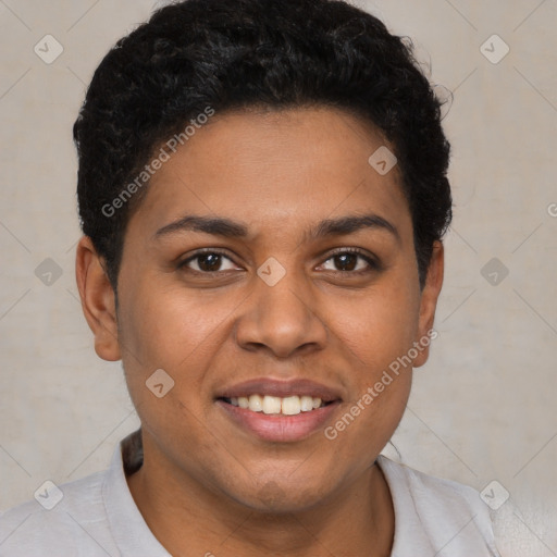 Joyful latino young-adult female with short  brown hair and brown eyes