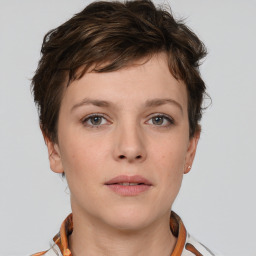 Neutral white young-adult female with short  brown hair and brown eyes