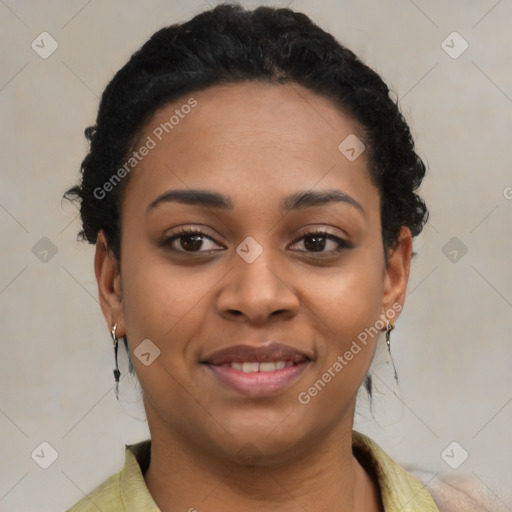 Joyful latino young-adult female with short  brown hair and brown eyes
