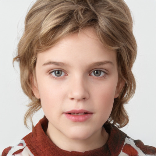 Neutral white child female with medium  brown hair and grey eyes