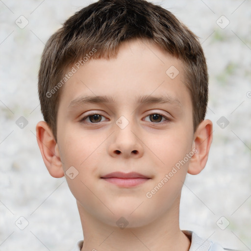 Joyful white child male with short  brown hair and brown eyes