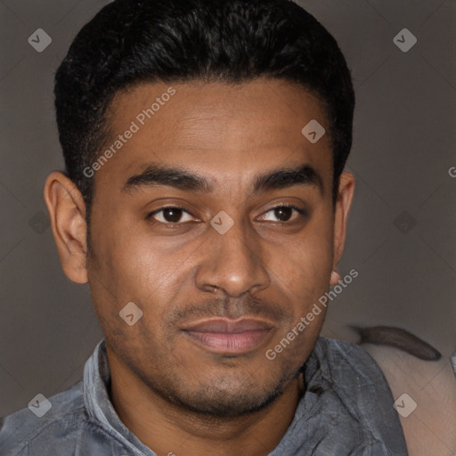 Joyful latino young-adult male with short  brown hair and brown eyes