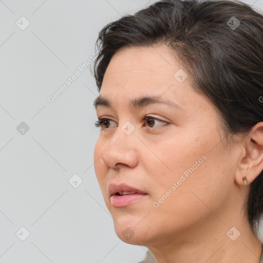 Neutral white young-adult female with medium  brown hair and brown eyes