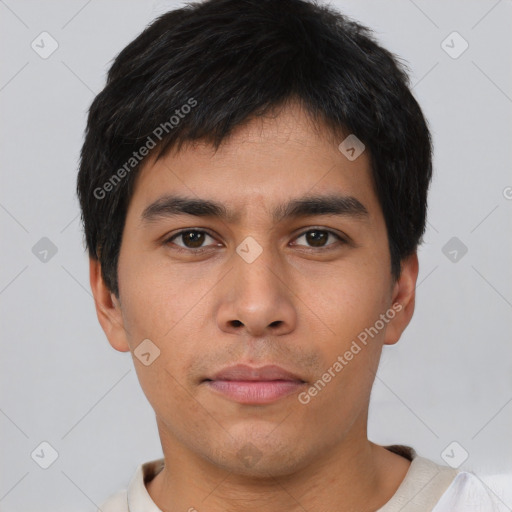 Neutral asian young-adult male with short  black hair and brown eyes