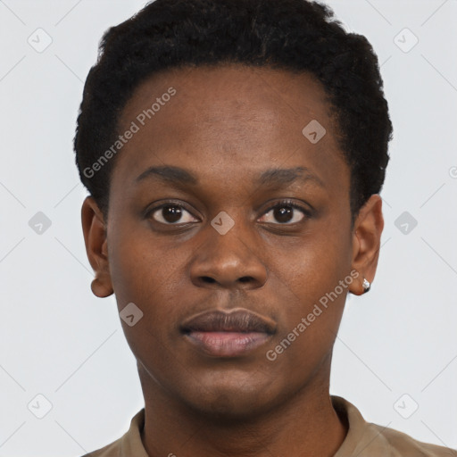 Neutral black young-adult female with short  black hair and brown eyes