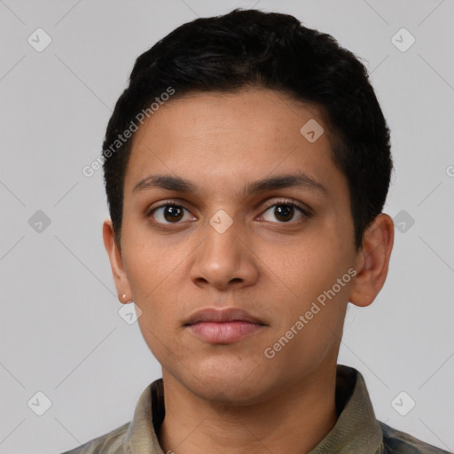 Neutral latino young-adult female with short  black hair and brown eyes
