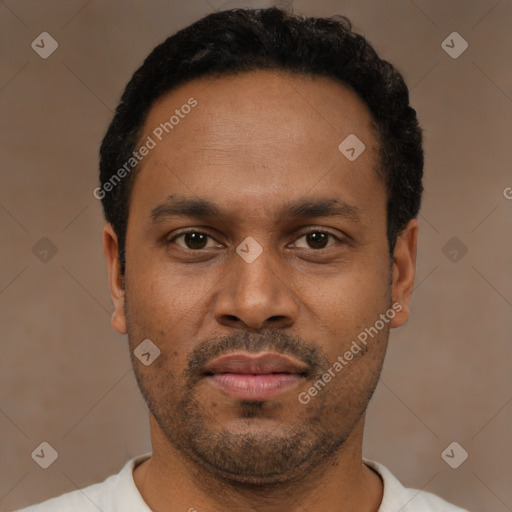 Neutral latino young-adult male with short  black hair and brown eyes