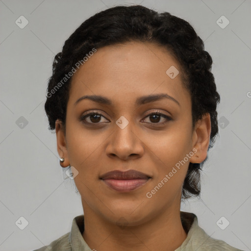 Joyful latino young-adult female with short  black hair and brown eyes