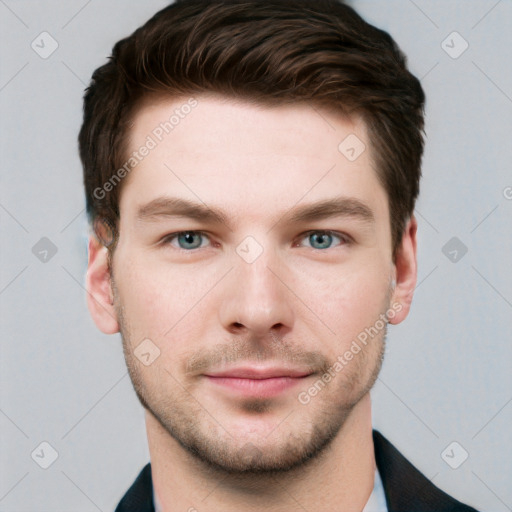 Neutral white young-adult male with short  brown hair and grey eyes