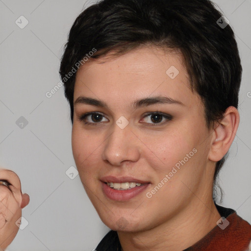 Joyful white young-adult female with short  brown hair and brown eyes