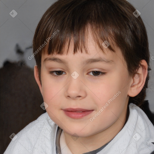 Joyful white child female with short  brown hair and brown eyes