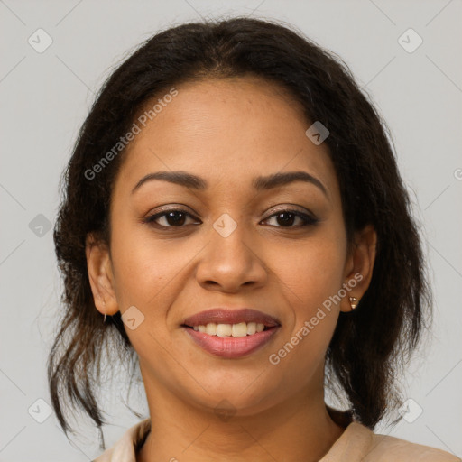 Joyful latino young-adult female with medium  brown hair and brown eyes