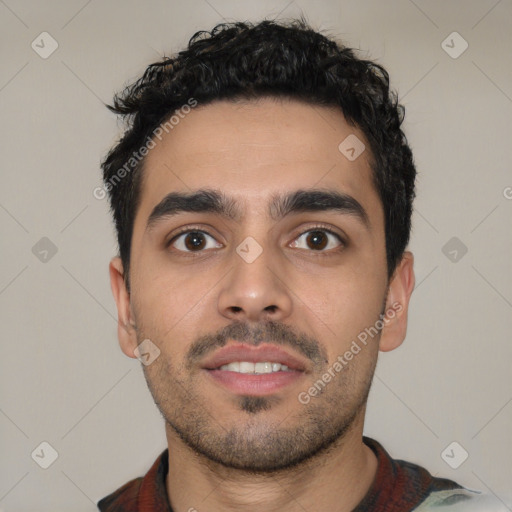 Neutral latino young-adult male with short  black hair and brown eyes