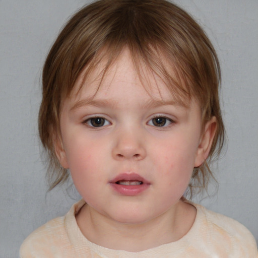 Neutral white child female with medium  brown hair and blue eyes