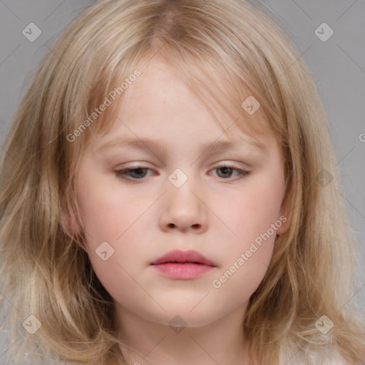 Neutral white child female with medium  brown hair and blue eyes