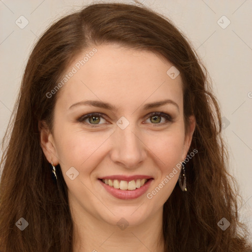 Joyful white young-adult female with long  brown hair and green eyes