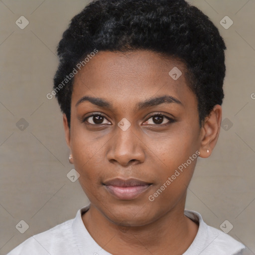 Neutral black young-adult female with short  black hair and brown eyes