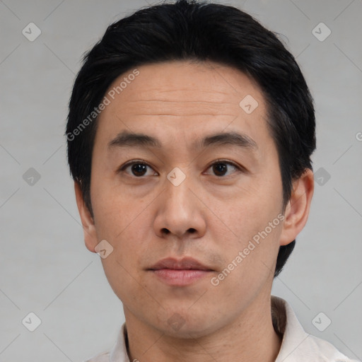 Neutral asian adult male with short  black hair and brown eyes