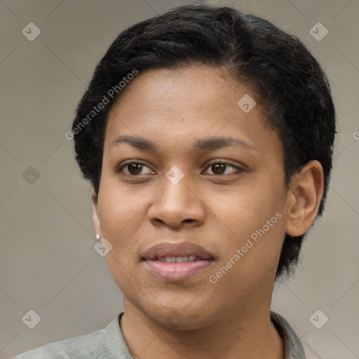 Joyful black young-adult female with short  brown hair and brown eyes