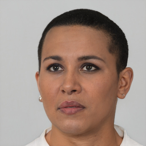 Neutral black young-adult female with short  black hair and brown eyes