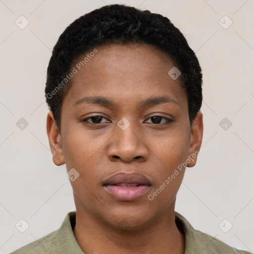 Neutral black young-adult female with short  black hair and brown eyes